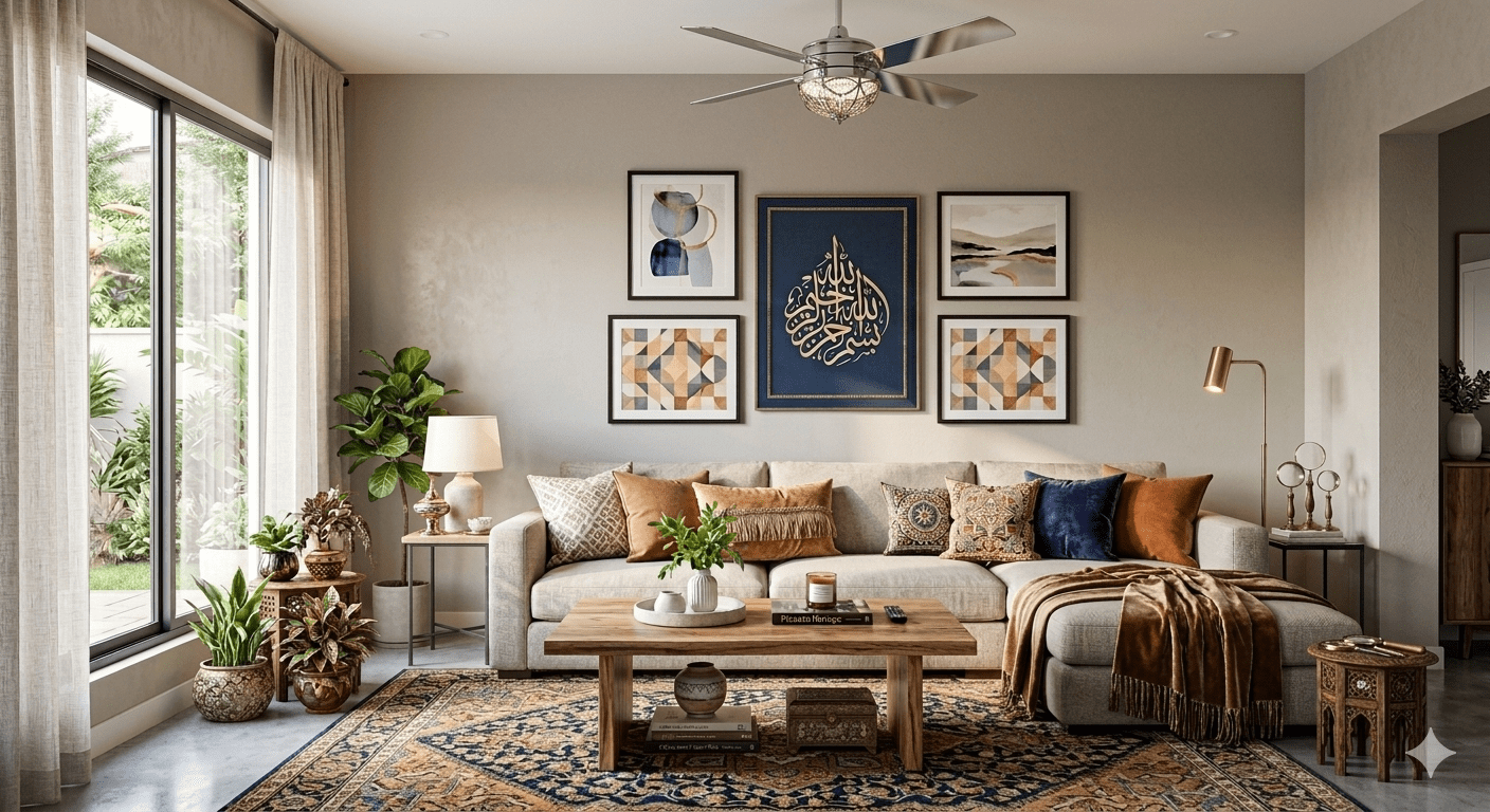 Wall art for living room featuring Islamic calligraphy and modern abstract frames.