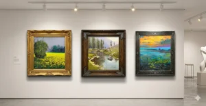 Three framed landscape paintings hang side-by-side on a white wall in a modern art gallery under track lighting.