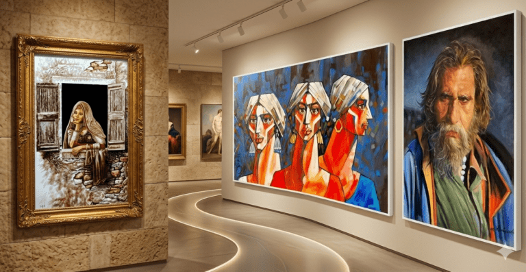 A modern art gallery with a softly lit, winding path displays three large Figurative art frames.