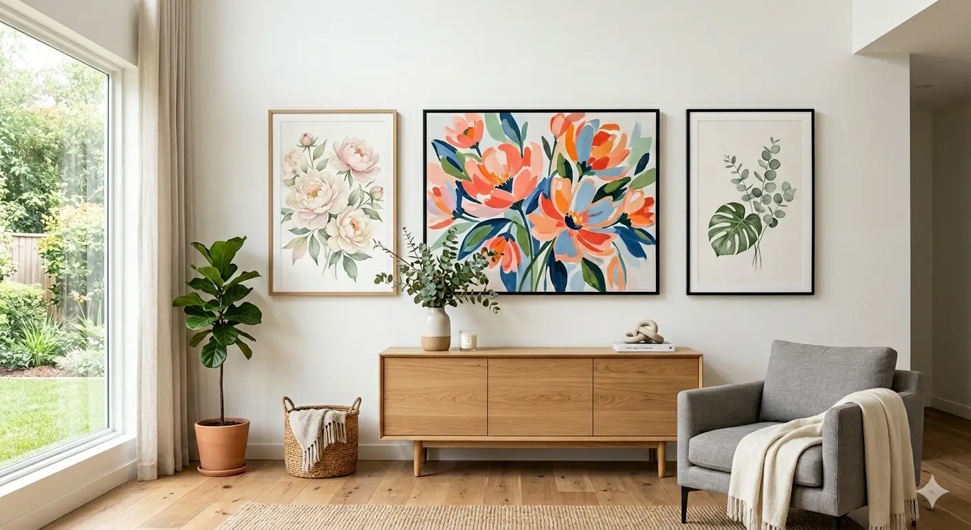 Bright, modern living room with floral art on wall, with natural lights