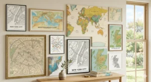 Map wall art display with framed world maps and city prints arranged above a wooden table with a vase