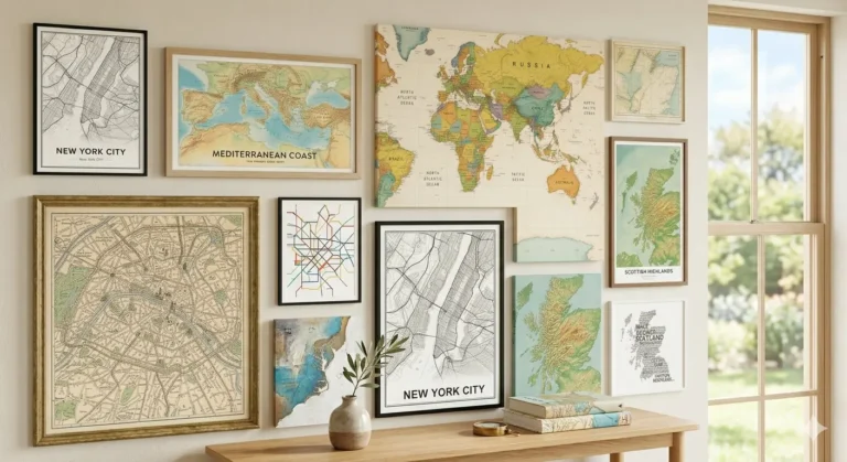 Map wall art display with framed world maps and city prints arranged above a wooden table with a vase