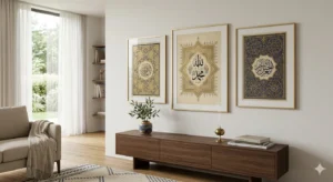 A modern living room features three framed pieces of Islamic art