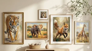 A room featuring framed animal paintings and a wooden shelf displaying decorative items.