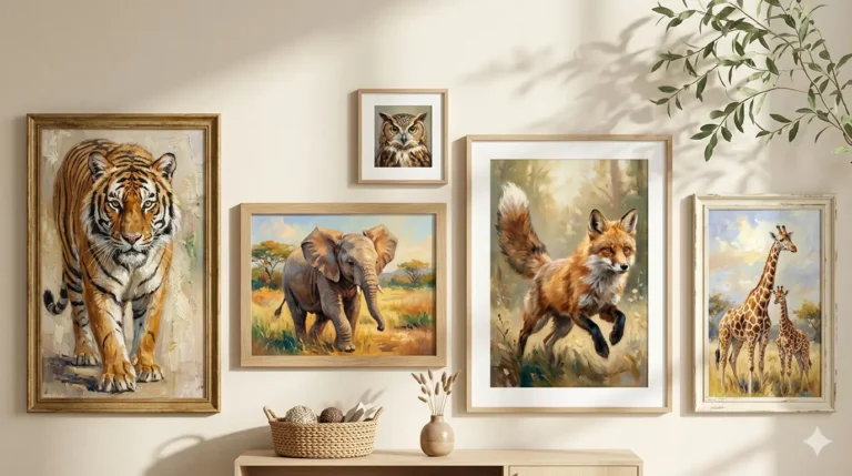 A room featuring framed animal paintings and a wooden shelf displaying decorative items.