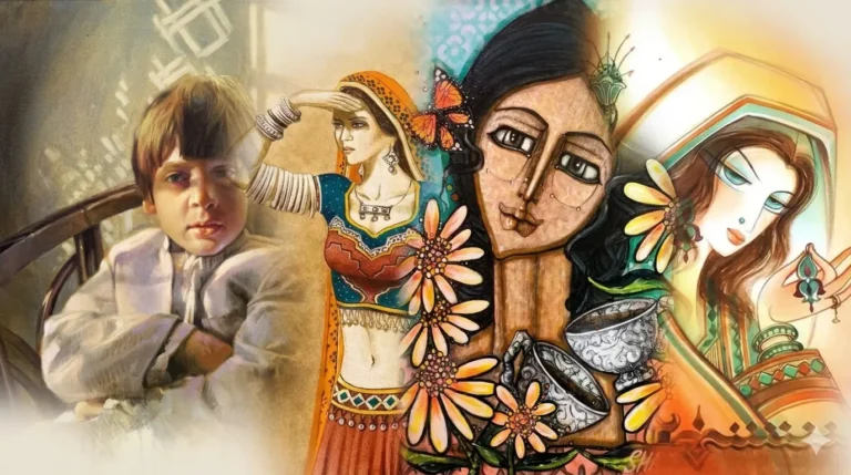 Paintings of people featuring a woman and a child, capturing their friendly bond in a serene setting.