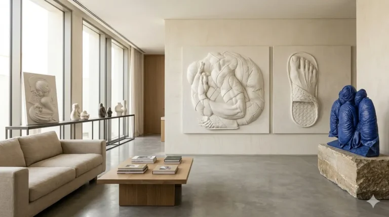 Modern gallery interior with sculpture art pieces in neutral tones and contemporary design