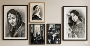 different pencil art and paintings on white wall