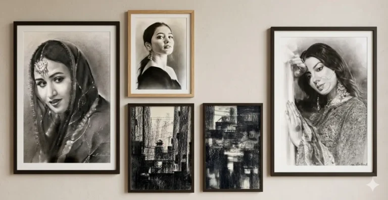 different pencil art and paintings on white wall