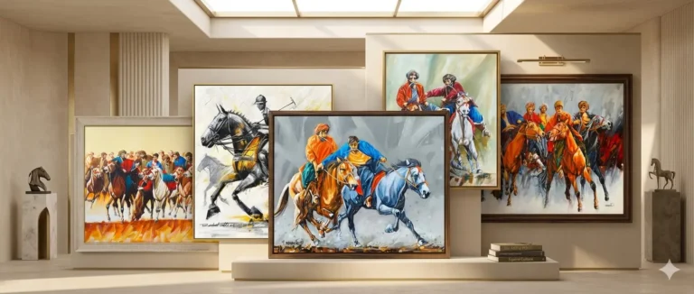 A collection of colorful polo paintings is displayed in a well-lit, modern room with neutral-toned walls and decor.