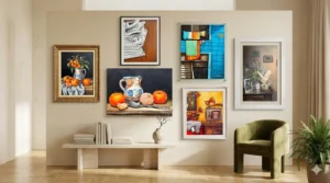 Six framed still life paintings on a beige wall above a travertine bench and potted plant.