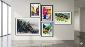 Interior view of a room with five framed watercolor paintings adorning the wall.