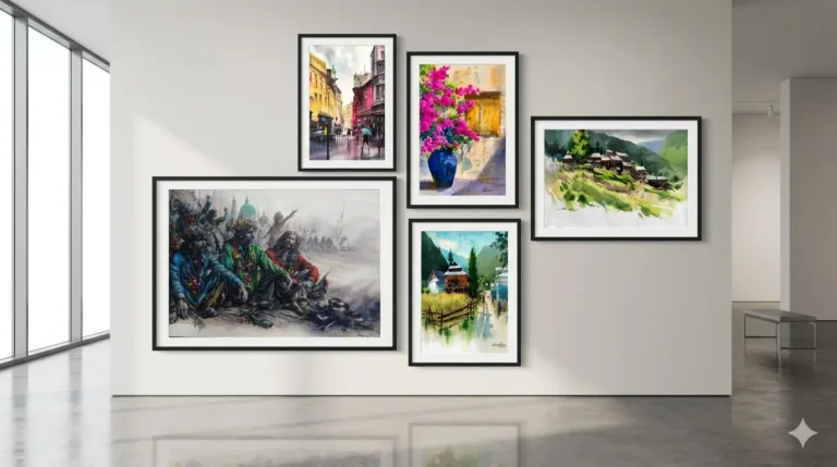 Interior view of a room with five framed watercolor paintings adorning the wall.