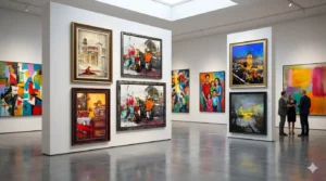 Interior of a large art gallery showcasing a collection of vibrant acrylic paintings.