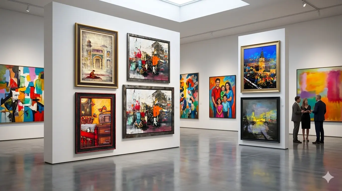 Interior of a large art gallery showcasing a collection of vibrant acrylic paintings.