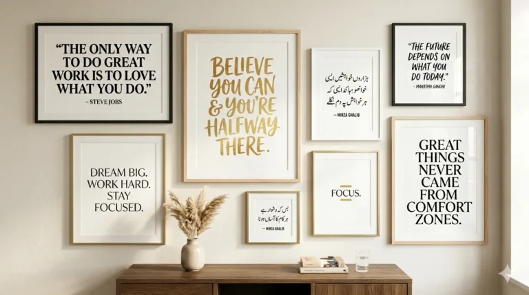 Cozy room with framed motivational quotes and warm tones showcasing typography art in an inspiring ambiance.