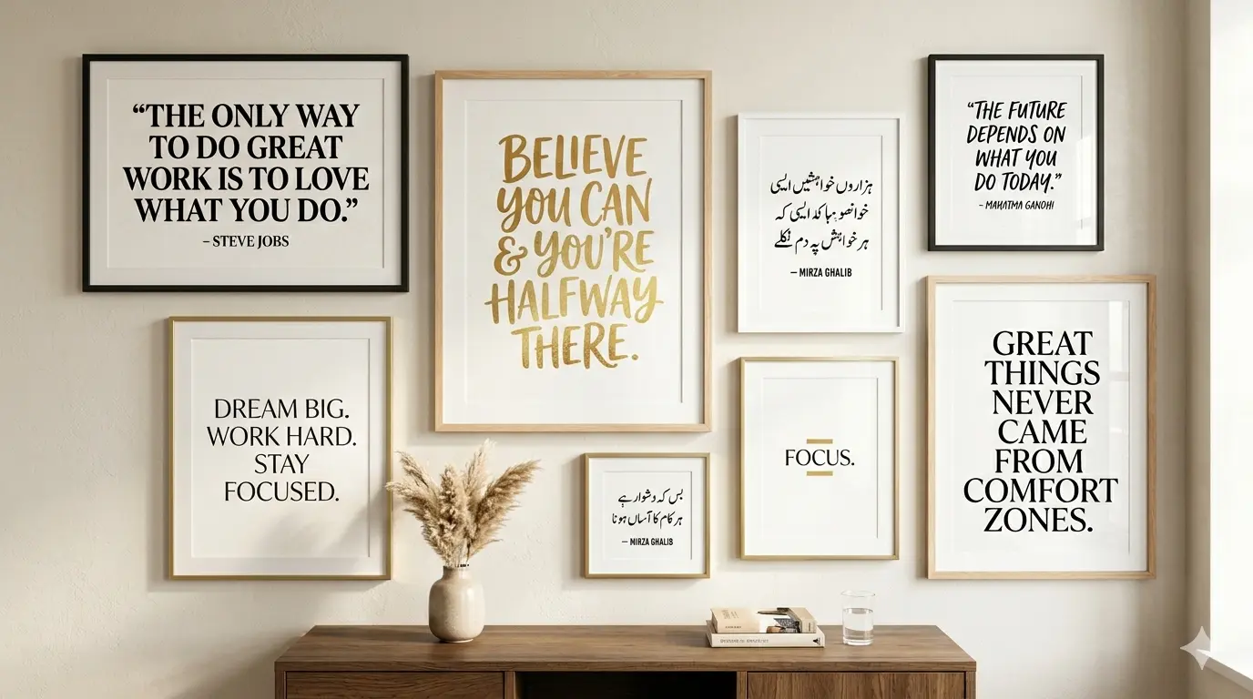 Cozy room with framed motivational quotes and warm tones showcasing typography art in an inspiring ambiance.