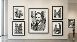 pen and ink artwork frames displayed on art gallery wall