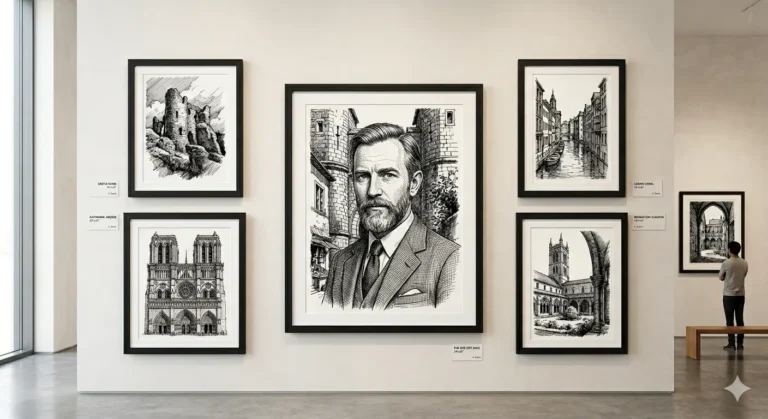 pen and ink artwork frames displayed on art gallery wall