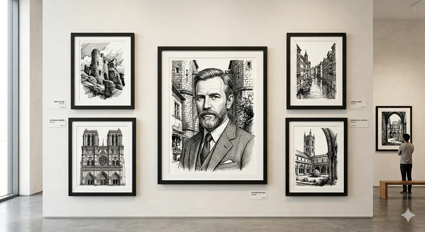 pen and ink artwork frames displayed on art gallery wall
