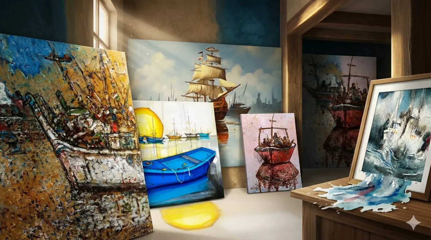 A room decorated with multiple boat paintings on the walls, showcasing a maritime art theme.