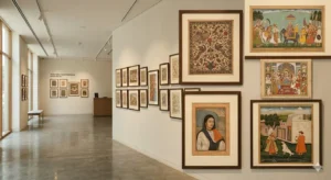 modern art gallery diplaying miniature art on white wall