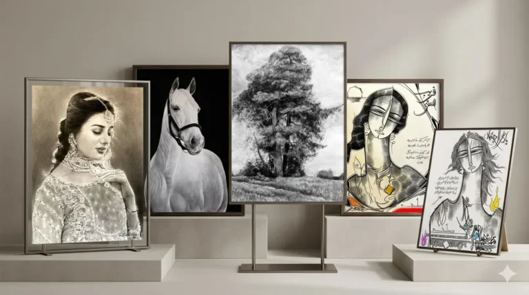 Artwork consisting of charcoal paintings arranged on a white wall, creating a striking visual impact in the room.
