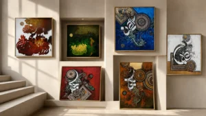 A collection of mixed media art frames displayed on a wall, showcasing various colors and artistic styles.
