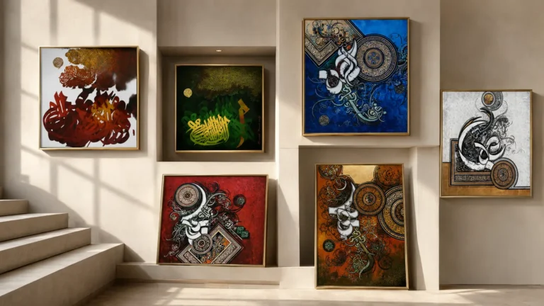 A collection of mixed media art frames displayed on a wall, showcasing various colors and artistic styles.