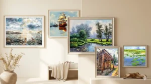 Five framed seascape paintings and nature artworks displayed in a beige room with a calm artistic atmosphere.