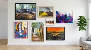 A cozy room featuring a gallery wall decor with various framed art pieces in different styles and colors.