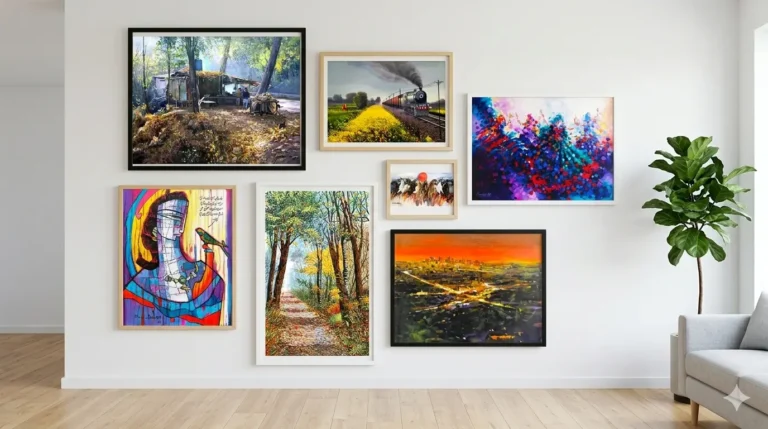 A cozy room featuring a gallery wall decor with various framed art pieces in different styles and colors.