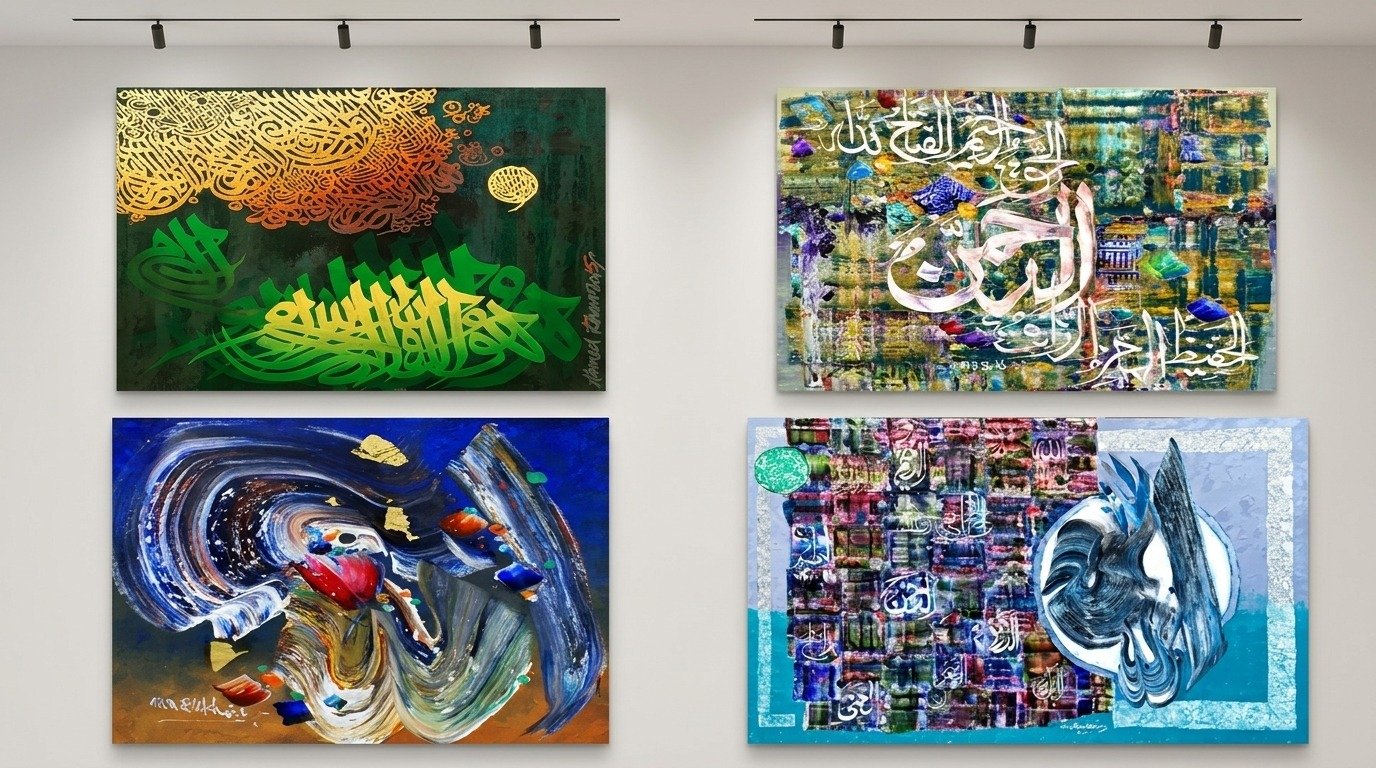 A collection of four Islamic calligraphy wall art pieces, each featuring unique designs, elegantly arranged on a wall.