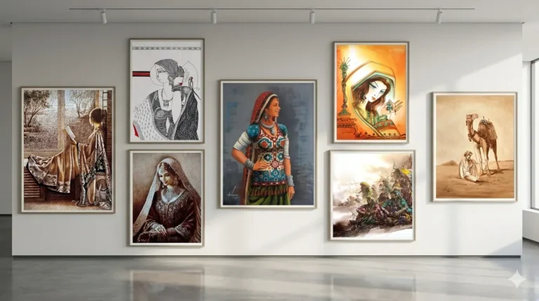 A room with white walls showcasing a collection of portrait paintings in an art gallery setting.