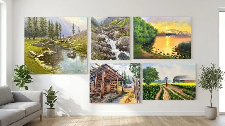 A living room features five framed nature paintings, depicting serene landscapes and colorful flora.