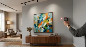 A man stands before a wall painting, holding a remote control, illustrating the process of how to hang painting on wall.