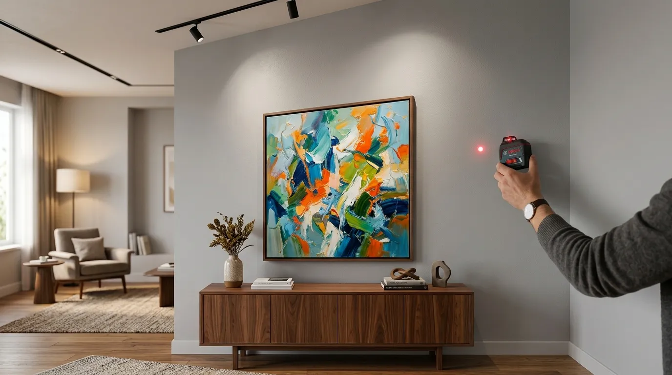 A man stands before a wall painting, holding a remote control, illustrating the process of how to hang painting on wall.