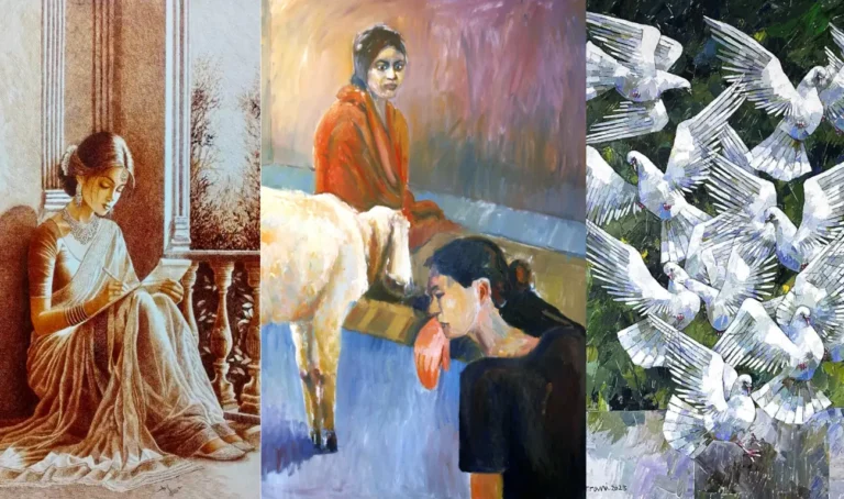 A collection of three fine art paintings featuring women and a white dove, highlighting beauty and grace in each piece.