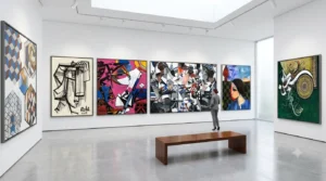 A large room featuring geometric artwork displayed on the walls.