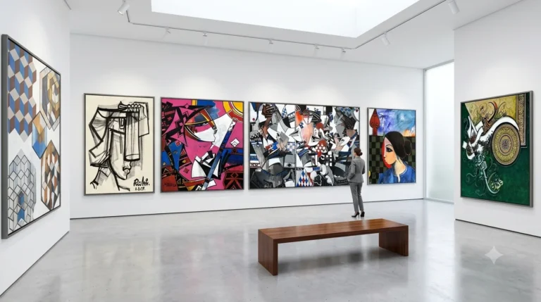A large room featuring geometric artwork displayed on the walls.