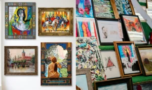 A collage showcasing various handmade paintings and art prints displayed together in an artistic arrangement.