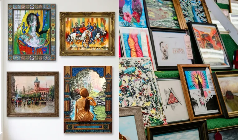 A collage showcasing various handmade paintings and art prints displayed together in an artistic arrangement.
