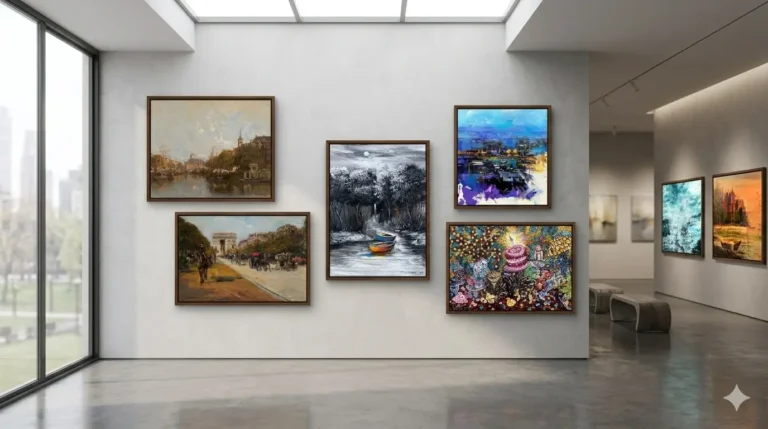 A gallery wall displaying several framed impressionism art paintings in various colors and styles.