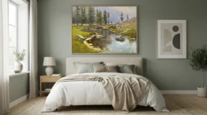 A beautiful framed nature landscape painting displayed as cozy bedroom wall art ideas above a queen size bed.