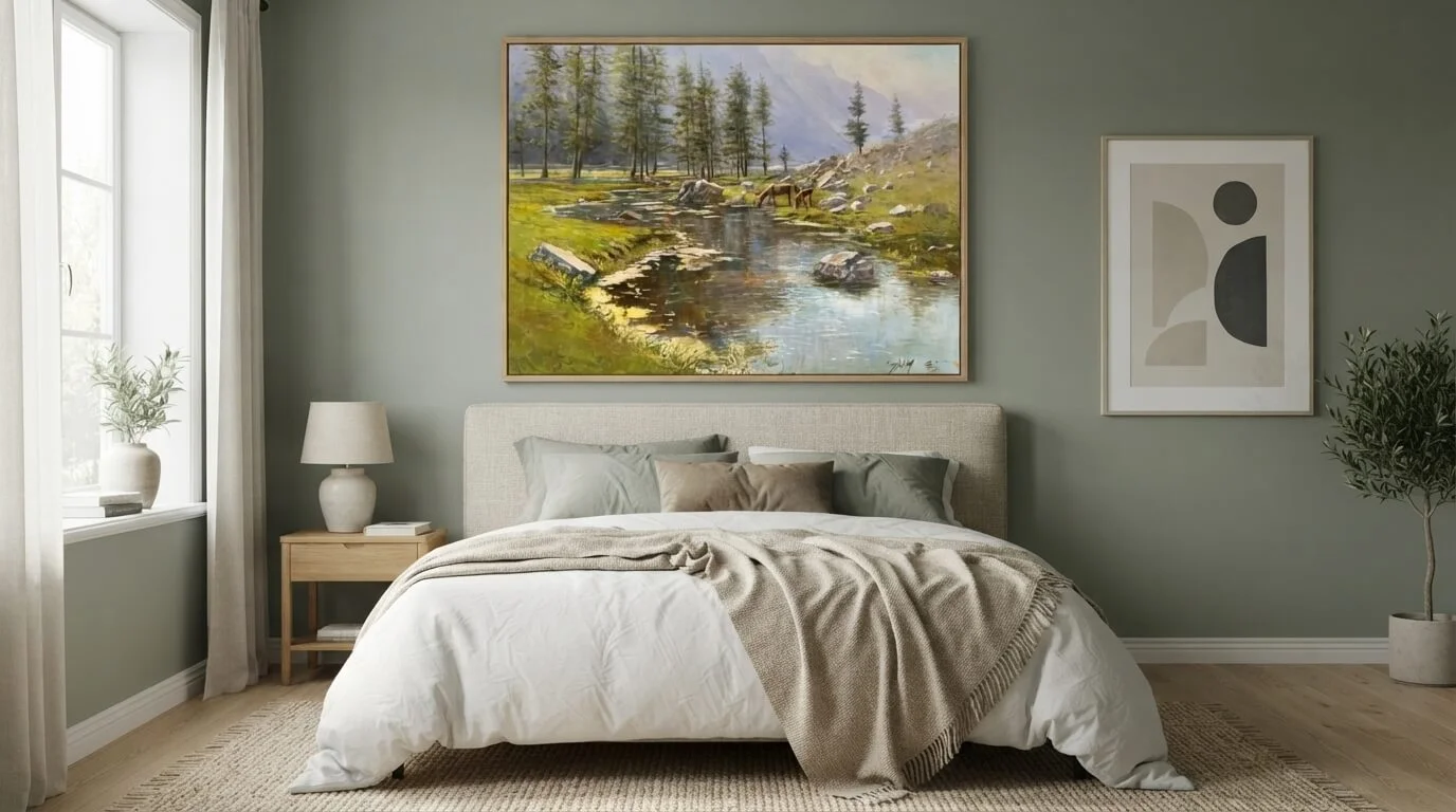 A beautiful framed nature landscape painting displayed as cozy bedroom wall art ideas above a queen size bed.