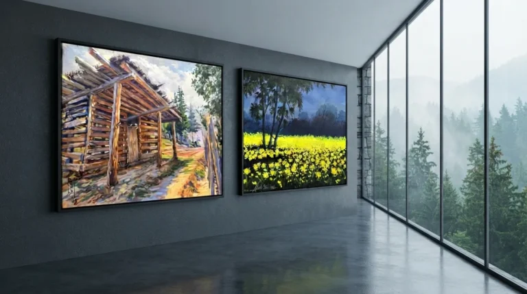 Two elegant landscape wall art frames featuring a cabin and mountain, placed in front of a window for a scenic effect.