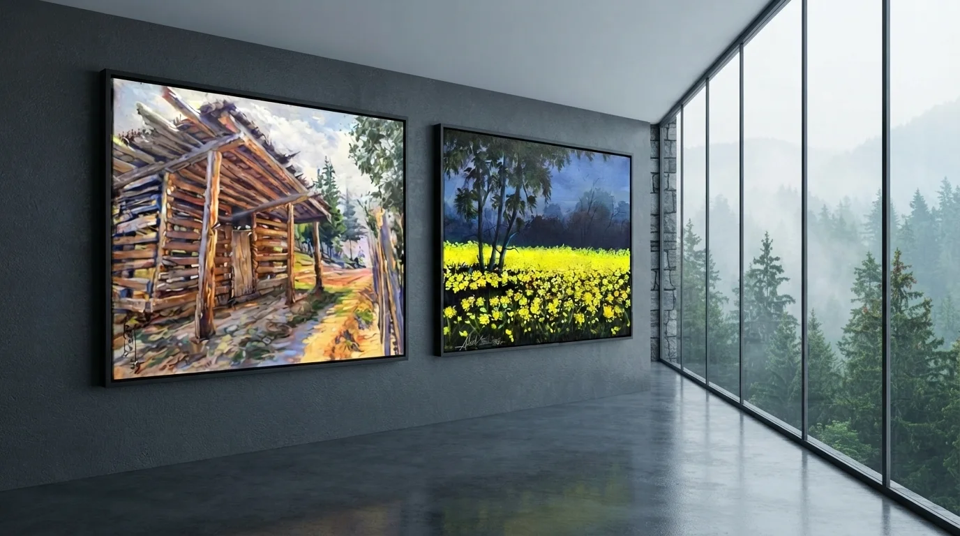Two elegant landscape wall art frames featuring a cabin and mountain, placed in front of a window for a scenic effect.