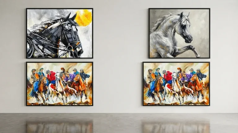 Four artistic horse paintings canvas hanging on a wall, highlighting various colors and techniques.