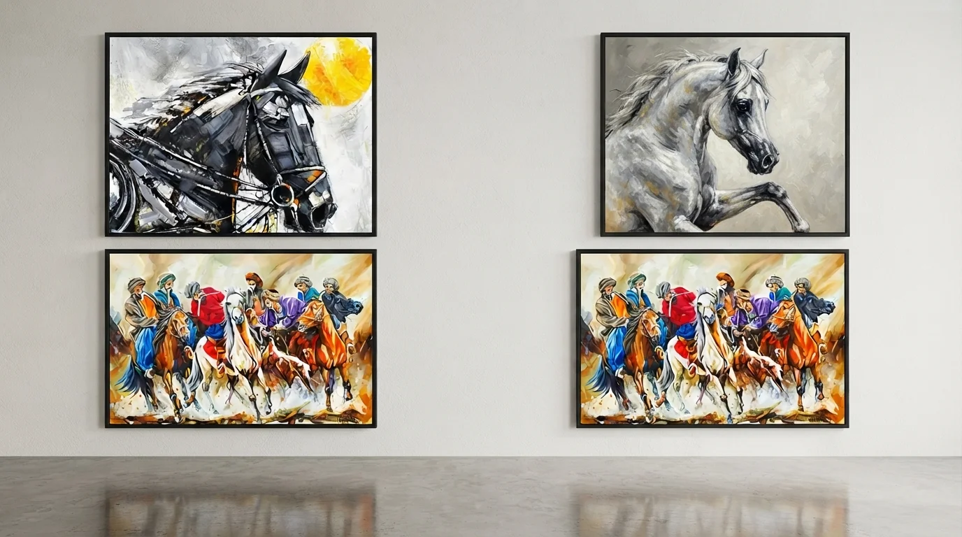 Four artistic horse paintings canvas hanging on a wall, highlighting various colors and techniques.