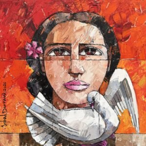 Iqbal Durrani Woman with Dove Painting 18x18 2026 oil on canvas, available, original expressionist portrait of woman with pink flower in hair holding white dove, fiery red orange background, signed 2026, Pakistani contemporary art